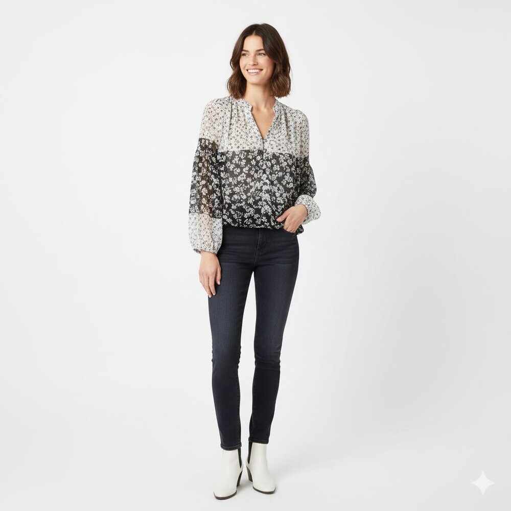 *Joie Black White Floral Chiffon Light Weight Peasant Top Puff Sleeves Blouse